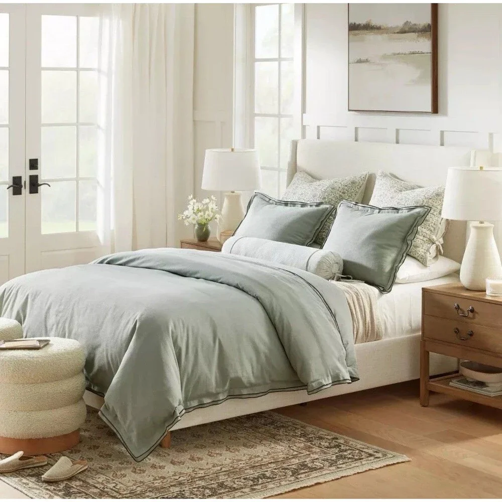 California King Double Flange Merrow Stitch Duvet Cover & Sham Set Light NEW